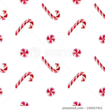 Christmas candy canes and lollipops seamless pattern, watercolor Hand drawn illustration for winter Christmas holidays design, New Year compositions. Realistic elements 108937401