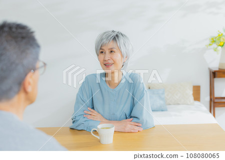 Gray-haired couple in the living room 108080065