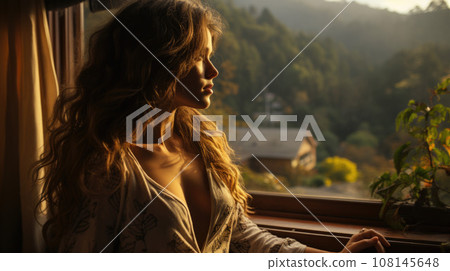 Woman enjoys sunrise in a country house or hotel staying with open hands near panoramic windows 108145648