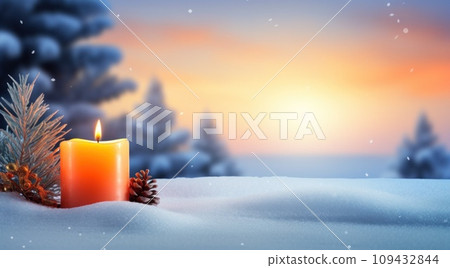 christmas background winter candle in snow background, 109432844