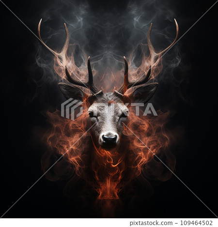 Head of a red deer with antlers in smoke and flames on black, unusual natural background, protect the forest from fire 109464502