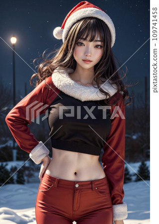 A woman posing as Santa Claus on a snowy night 109741458