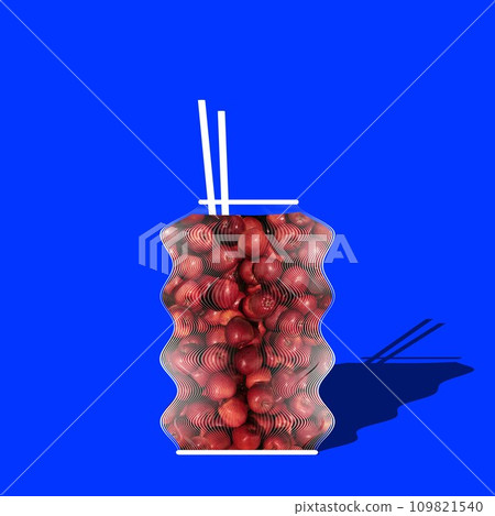 Apple juice. Fresh red apples into creative glass over blue background. Creative design. Organic drink. 109821540