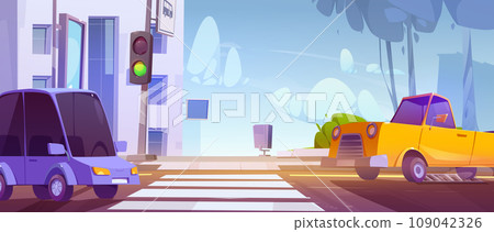 Cars driving city street with road crossing 109042326