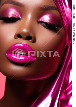 Beautiful African woman with pink makeup. Young black model girl. Fashion and beauty concept. 109181808