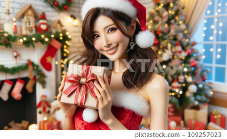 A beautiful Japanese woman is wearing a Santa costume and holding a present. 109257023