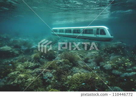 Train in Underwater railway. Underwater high-speed train on underway railroad. 110446772