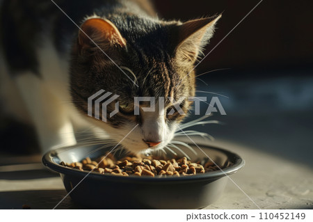 Cat eats food from a bowl. Cute domestic animal. Generative AI 110452149