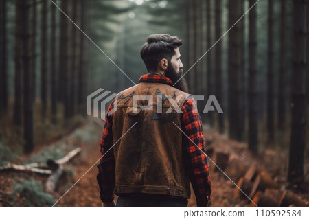 AI-generated content. Lumberjack person forest. Nature wood industry. Generate Ai 110592584