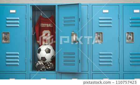 Soccer equipment football ball, t'shirt and bbots in a school locker room. 110757423