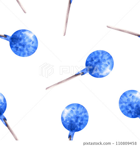 Watercolor seamless pattern with blue delicious pop cakes Hand drawn illustration party candies Lollipop print for wallpapers, wrapping, fabric, scrapbooking paper, bakery Isolated on white background 110809458