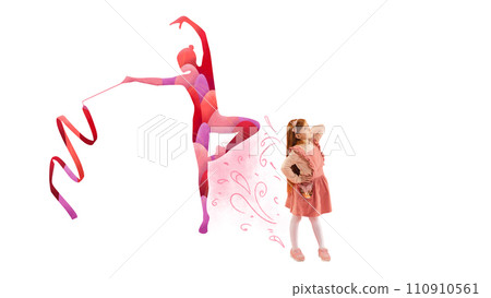 Little girl and silhouette of rhythmic gymnast performing. Kid dreaming of becoming gymnast in future. Contemporary art collage. 110910561