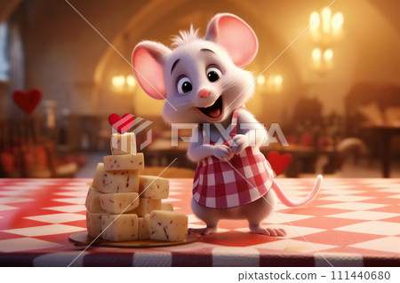 One cute little happy white mouse on kitchen table rejoices at gift of pieces of cheese with heart at top for celebration Valentine Day 111440680