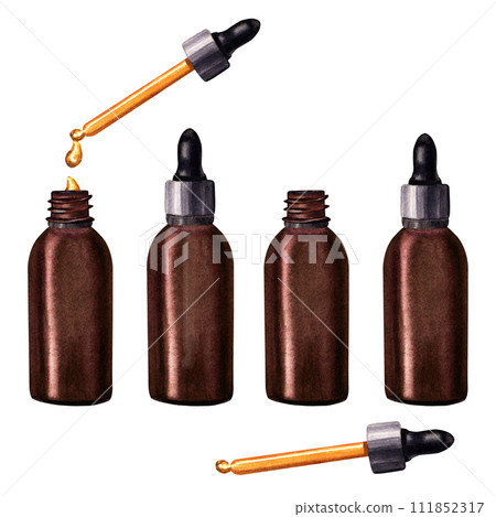 A set of small brown glass bottles droppers with pipette for cosmetic oil, serum, medicine. Hand drawn watercolor illustration isolated on white background. For clip art template label 111852317