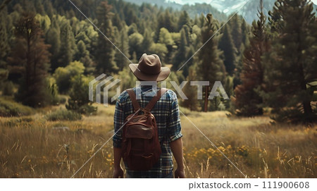 Man Hiking in a Grassy Field in the Wilderness 111900608