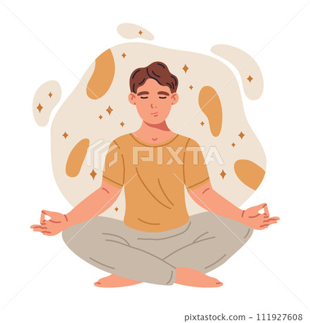 Male character meditating. Guy meditating in yoga lotus pose, calm, tranquility and meditation flat vector illustration. Relaxed man meditating 111927608