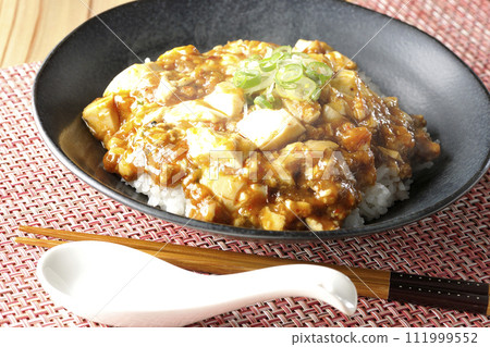 Piping hot mapo bowl topped with plenty of tofu and green onion 111999552