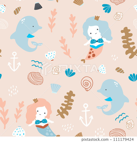 Seamless pattern with cute little little mermaids. 111179424