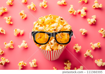 Cinema concept. 3d glasses and popcorn red stripped popcorn bucket on pink background 111360395