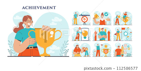 Achievement set. Reached milestone in business or education. Challenge, career success or winning award. Character holding a big gold trophy or prize. Flat vector illustration 112586577