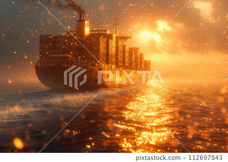 A ship with gold containers carries cargo by sea. Container ship 112697843