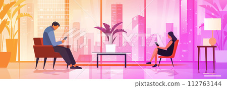 businesspeople sitting in armchairs and using smartphones modern office interior with panoramic windows cityscape background 112763144