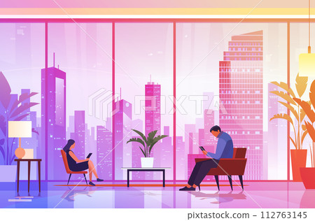 businesspeople sitting in armchairs and using smartphones modern office interior with panoramic windows cityscape background 112763145