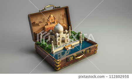 a vintage suitcase opened, and a touristic destination popping out of it  112802938