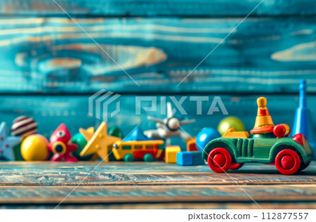 AI-generated content. Colorful vintage toy collection on wooden background 112877557