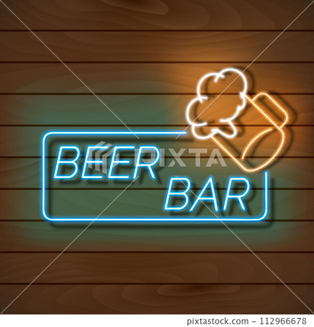 Beer bar neon light banner on a wooden wall. Blue and orange sign. Decorative realistic retro element for web design 112966678