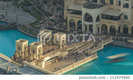 Dubai downtown during sunset timelapse. Top view from above 112974980