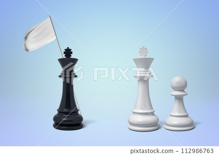 Chess pieces with a white flag of surrender 112986763