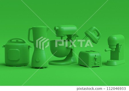 Electric kitchen appliances and utensils for making culinary on green monochrome 112046933