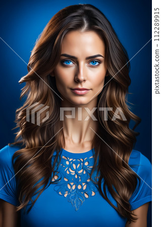 A woman with long brown hair and blue eyes is wearing a blue dress 112289915