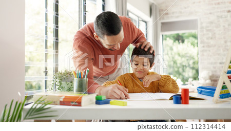 Home learning, father or kid in kindergarten studying for knowledge, education or growth development. Abacus, dad teaching or child writing, working or counting on numbers for math test in notebook 112314414