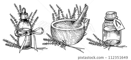 Lavender Essential Oil. Hand drawn linear vector illustration of vintage Bottle, mortar and pestle for aromatherapy in black and white colors. Drawing of Flacon with Flowers for cosmetic or medicine. 112351649