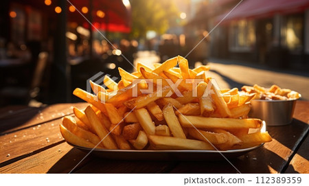 French fries on a wooden table in a cafe. Selective focus. 112389359