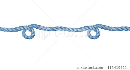 Seamless border loop of nautical rope. Blue and white monochrome color palette. Watercolor illustration. Element of azulejo tiles. For stickers, stationery, textiles. 113419311