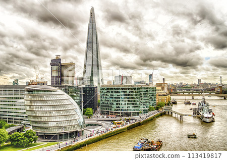 Aerial view of South Bank over Thames River, London, UK 113419817