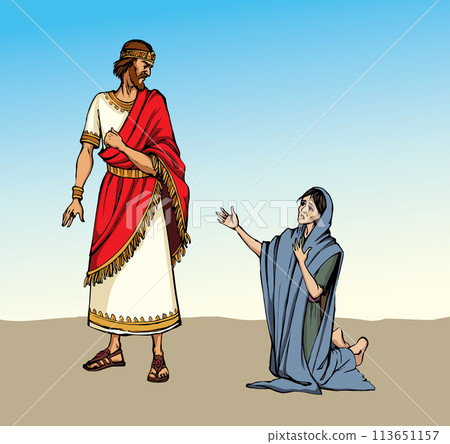 A starving woman asks for help. Vector drawing 113651157