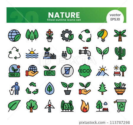 Nature Icons Bundle. Filled outline icons style. Vector illustration. 113787298