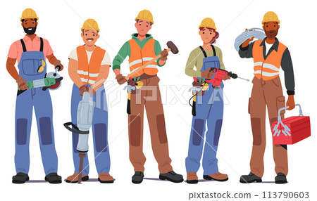 Construction Workers Male And Female Characters Stand In Row With Hammer, Drill, Toolbox, Grinder Tool And Wires 113790603