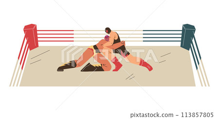 Vector image of wrestling wrestlers in a duel in the ring, demonstrating the techniques of freestyle and Greco-Roman wrestling. 113857805