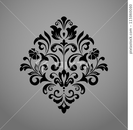 Damask graphic ornament. Floral design element. Black and gray vector pattern 113860080