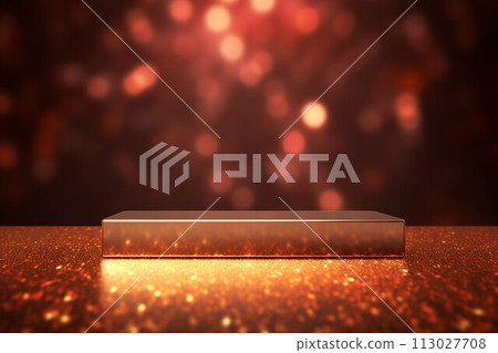 Template with bokeh lights, orange stand and square exhibition stand on dark background. AI generated image 113027708