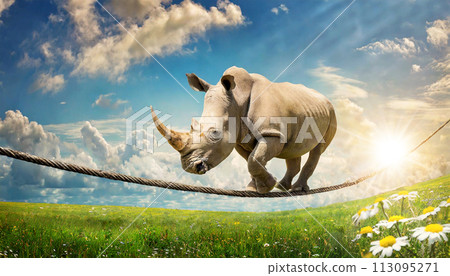 White Rhino Walks on a Rope on a Blue Sky with Clouds - Generative Ai 113095271