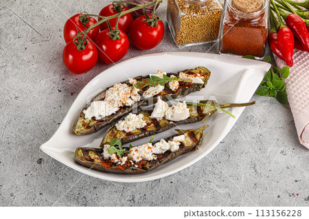 Grilled eggplant with feta cheese 113156228