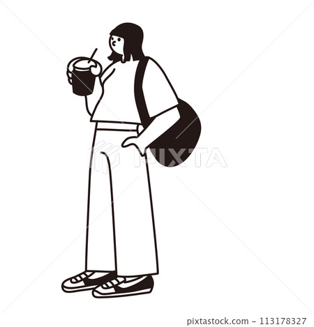 Drink, takeaway, woman, full body, line drawing, vector 113178327