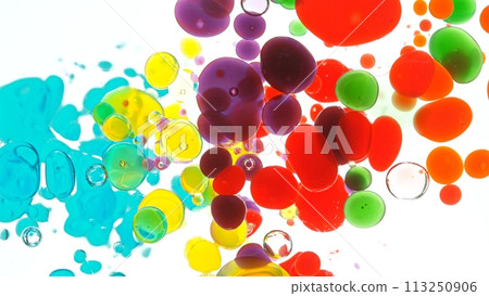 Freeze Motion Shot of Moving Color Oil Bubbles on White Background 113250906