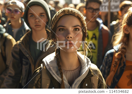 Defiant young urban woman stands out among group of diverse teenagers. 114534682